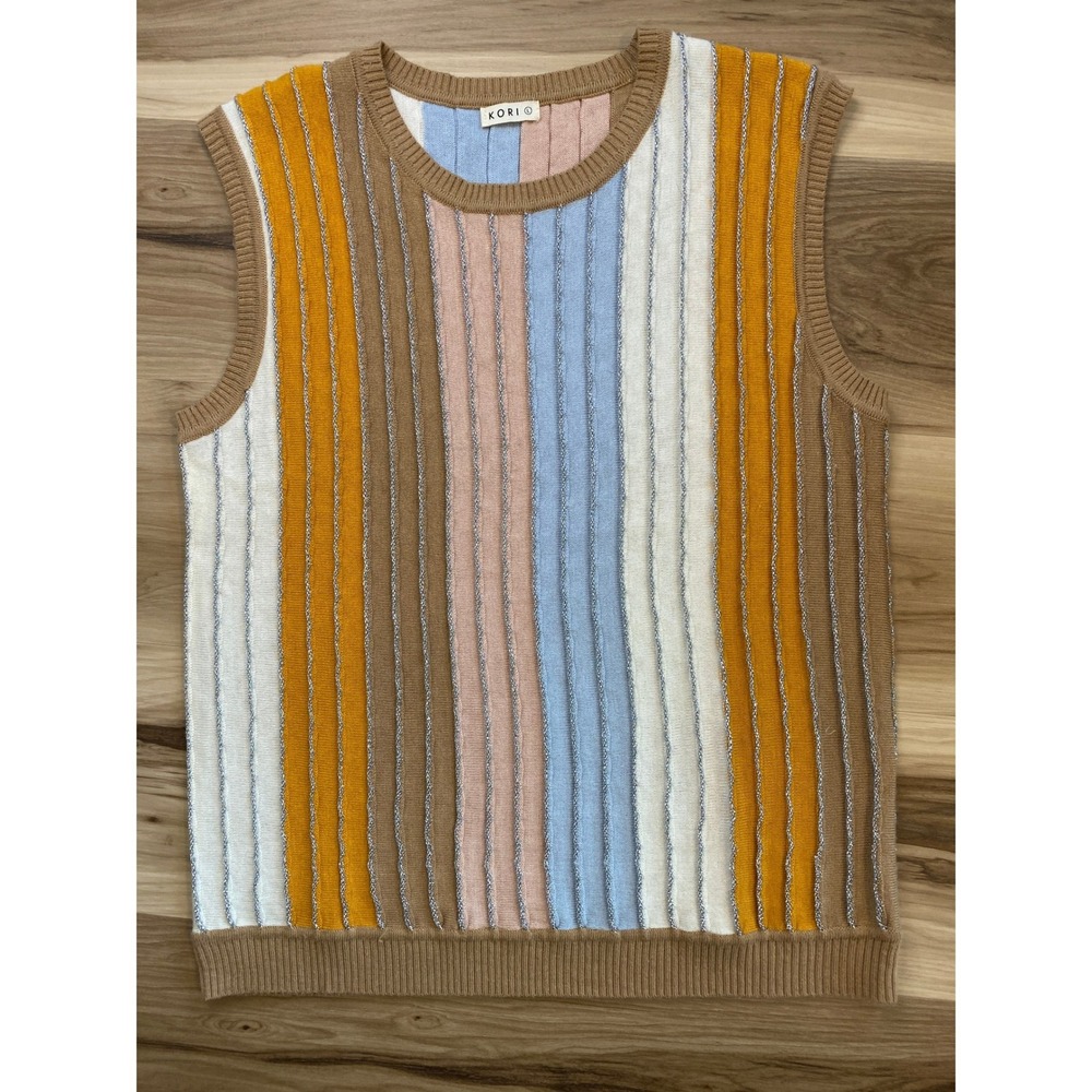 Kori Womens Striped Knit Sweater Vest Large Metallic Ribbed Sleeveless